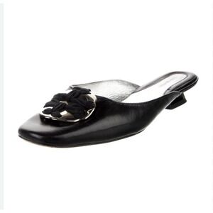 Tory Burch Woven Logo Kitten‎ Heel Mule Size 7.5 Black Goat Leather MSRP$358
